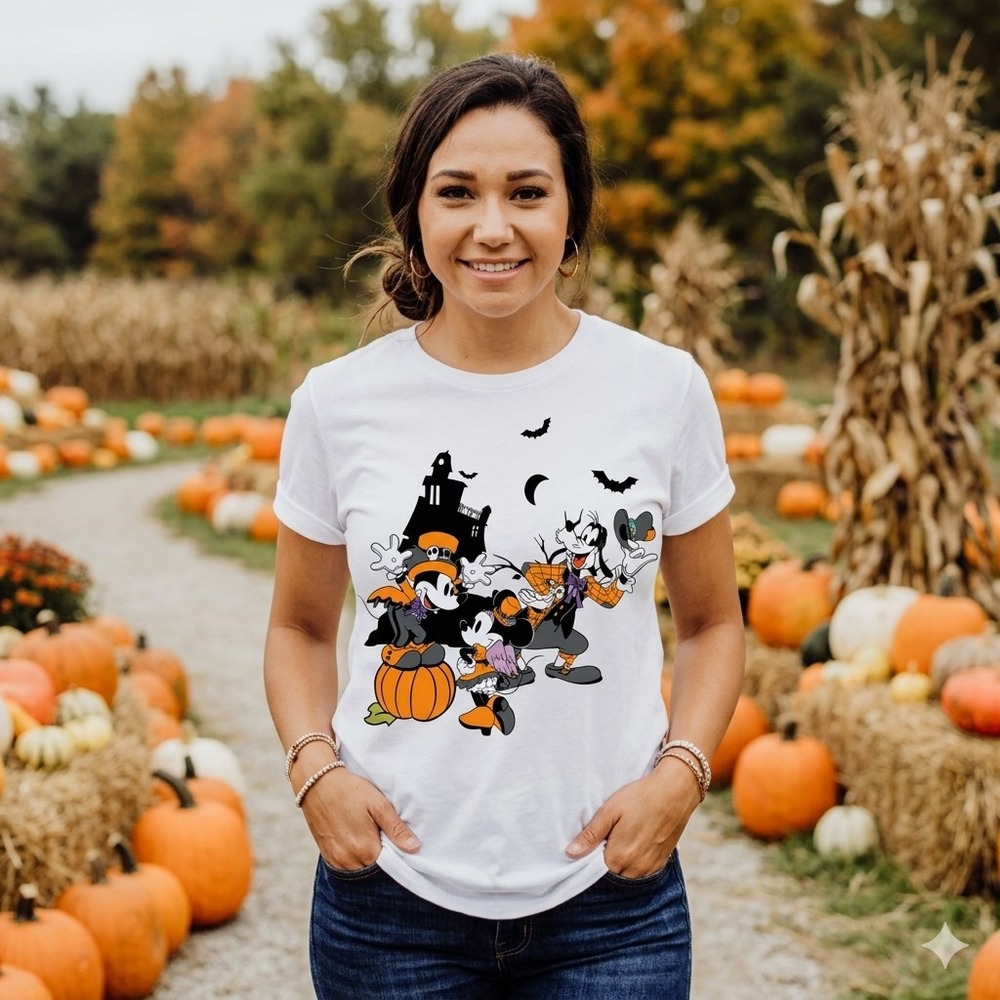 Disney Halloween Tshirt Juniors M Mickey Minnie Mouse Goofy White Graphic Tee